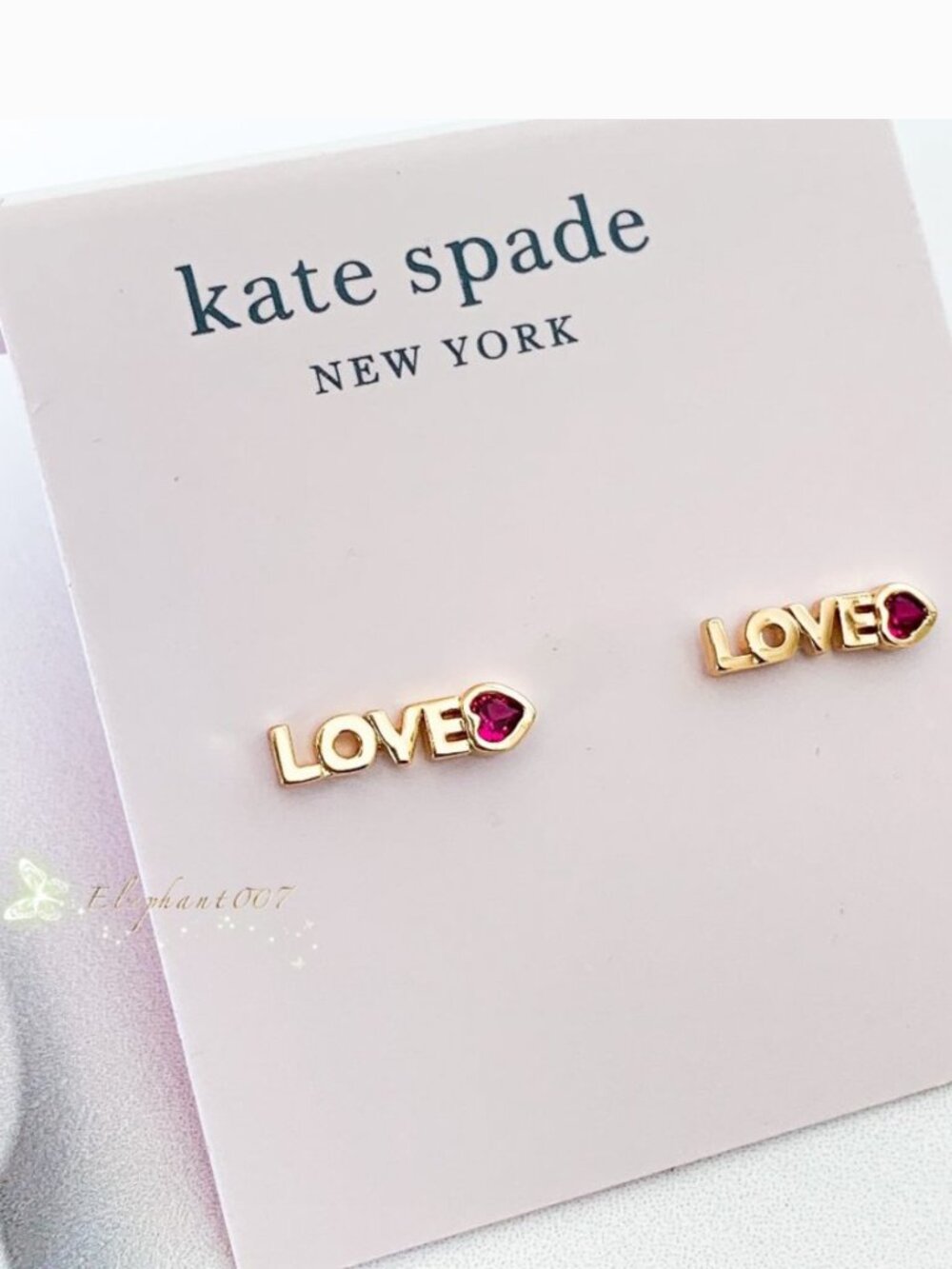 Kate Spade LOVE Heart Stud Earrings Gold Tone Pink Crystal Romantic Minimalist
